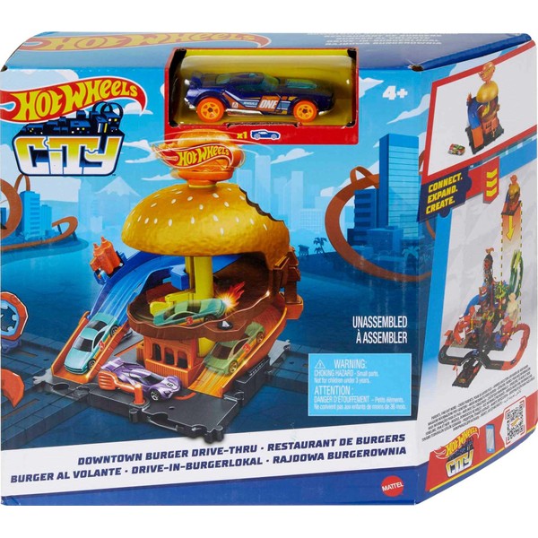 Hot Wheels Toy Car Track Set, City Burger Drive-Thru Playset