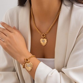 ALRNBY Gold Heart Necklace for Women Dainty Toggle Heart Drop Necklace Pendant O-Link Chain Statement Chunky Silver Necklace Valentines Jewelry Gift Trendy (S1 Gold)