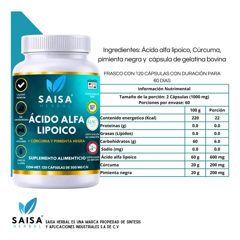 Ácido Alfa Lipoico 600 Por Porción 120 Cápsulas Saisa Herbal