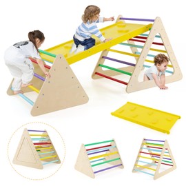 HONEY JOY Pikler Triangle Set, 5 in 1 Montessori Wooden Triangle Climber w/ 2 Stackable Ladders & Climbing Ramp, 3-Piece Baby Indoor Playground Jungle Gym, Climbing Toy for Toddlers, Colorful