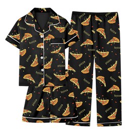 Umeyda Boys Silk Satin Pajamas Set Short Sleeve Sleepwear Pjs Set, Black Yellow Pizza, 11-12 Years