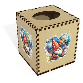 Square 'Garden Gnome & Robin' Wooden Tissue Box Cover (TB00061693)