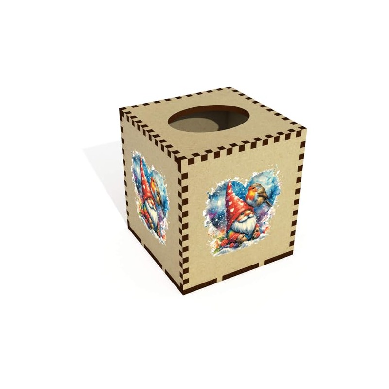 Square 'Garden Gnome & Robin' Wooden Tissue Box Cover (TB00061693)