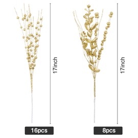 CristBest 24-Pack Christmas Tree Picks Ornaments, Artificial Glitter Berry Stem Glittery Twigs Ornaments for Christmas Tree Decorations, Small Vase, Holiday, Wedding, Party Decorations (Gold)