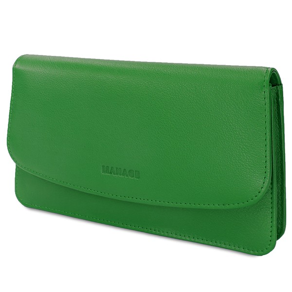 MANAGE Women's Cosmetic Bag with Mirror Makeup Bag Small Genuine Leather Elegant Clutch 18.5 x 10 x 3.5 cm, Green