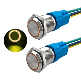 Aiqeer 2 Pcs 16 mm Momentary Push Button Switch, 12V / 24V 5A Car Ignition Starter Switch, IP67 Waterproof Stainless Steel Push Button Switch, with Pre-Wired Socket (Yellow LED)