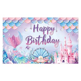 Mermaid Birthday Party Banner Backdrop Decorations Mermaid Happy Birthday Background Decorations for Girls