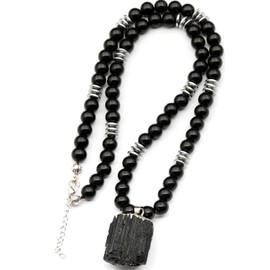 ElisaJewelryArt - Natural Raw Tourmaline Crystal Pendant Black Onyx Stone Beaded Necklace Genuine Gemstone Purification Stone Clasp Closure Necklace Unisex Necklace (22, Raw Tourmaline)