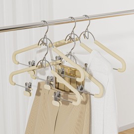 UEAKPIC 5 Pack Foam Padded Pant Hangers with Non-Slip Clips & V-Hook, Heavy Duty Metal Hangers, Durable Rust-Resistant & Space Saving Closet Organizer for Trouser, Coat, Camisoles, Beige