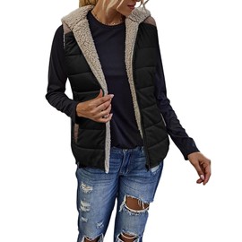 Womens Sherpa Fleece Zipper Up Reversible Vest Warm Color Block Hoodie Outwear with Pocket