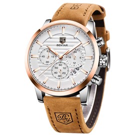 BENYAR Mens Watches Quartz Chronograph Business Brand Waterproof Wristwatches Fashion Brown Leather Watches for Men (Brown Gold White)