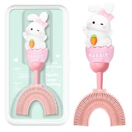 Kids U-Shaped Toothbrush Ages 2-7 Soft Silicone Oral Care Brush 360 Degree Cleaning Design Gentle Gum Care Training Travel Friendly Toddler Brush Pink