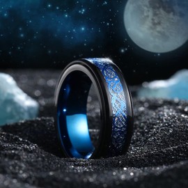 King Will Blue Stainless Steel Spinner Ring Celtic Dragon Fidget Ring Anxiety Ring for Men Silver Carbon Fiber Blue plated Inner Men Wedding Band 10