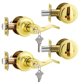 NIZADO Keyed Alike Door Lock Sets with Single Cylinder Deadbolt, 2 Pack Polished Brass Interior and Exterior Door Lever Set, Wave Style Reversible Handle