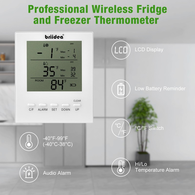 Freezer Temperature Alarm, Briidea Wireless Fridge and Freezer Thermometer with