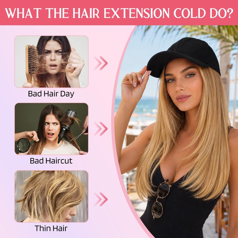 Baseball Hat Wig for Women, Hat with 18 Inch Straight