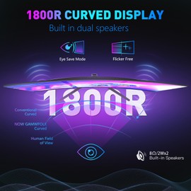 24 Inch Curved Monitor 1800R FHD 1080P, 100Hz, 3ms Response Time, HDMI/DP, Built-in 2×2W Speakers, AMD FreeSync Compatible, Eye Care, Flicker-Free, Blue Light Filter