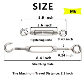 Turnbuckles Hook, Lsqurel 304 Stainless Steel Turnbuckle Heavy Duty Wire Rope Tension Cable Railing Kit for Sun Shade Tent Installation (M6-10Pack)
