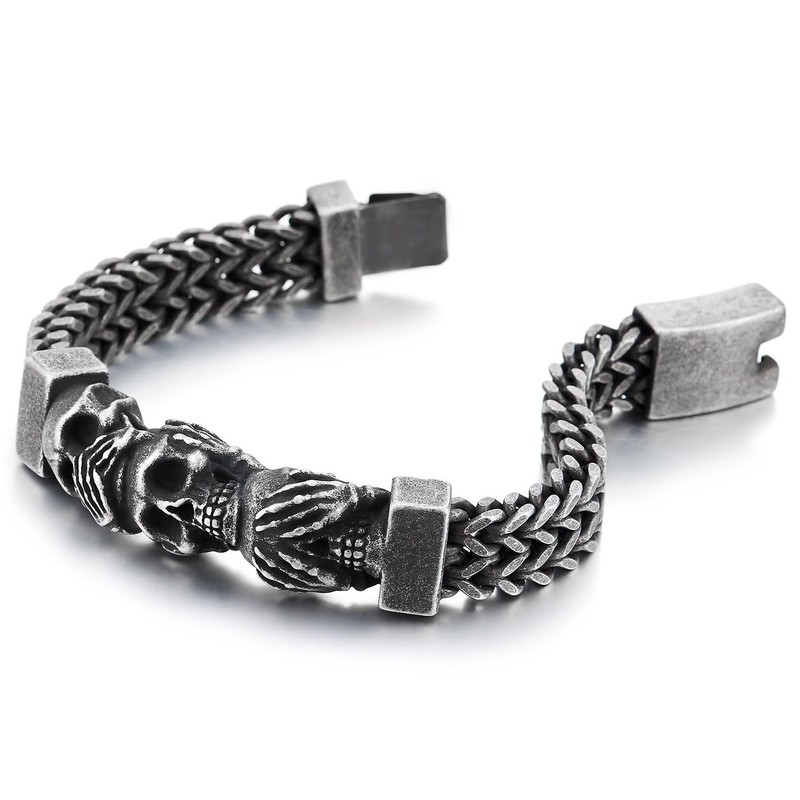 Men's Stainless Steel Three Wise Skulls Bracelet, Heavy-Duty Woven Wheat