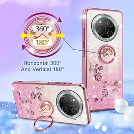 YUECXIN Glitter Case for Honor Magic 7 Lite 5G (Magic7 Lite)/X9c, Bling Shiny diamond Sparkle Design Women Girls Cover, Ultra Thin Shockproof Flowers Ring Stand Soft Transparent Case, Purple