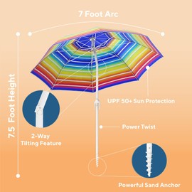 Nautica Beach Umbrella - 7 Ft Heavy Duty Portable Beach Umbrellas for Sand & Sun UPF 50+ Protection, Wind & Sand Anchor for Strong Stability - Large Vented Umbrella for Beach + 2-Way Tilt System