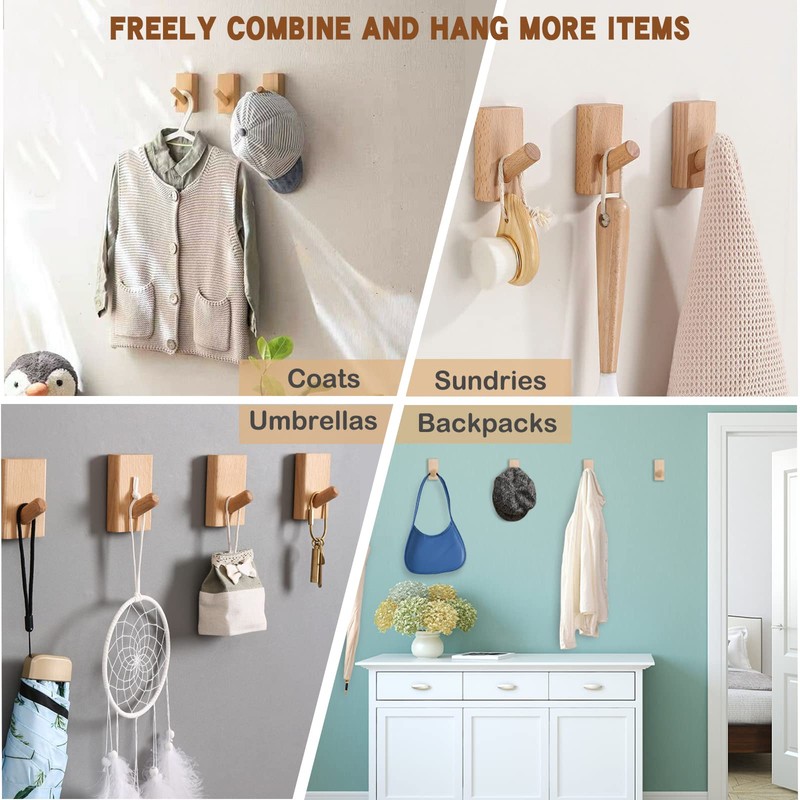 QUELLANCE Wood Wall Hooks for Hanging - 4 Pack Utility