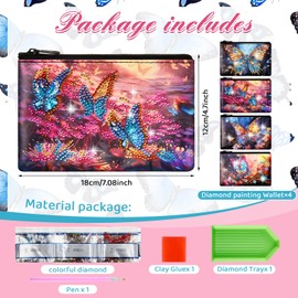 Silkfly 4 Pcs Diamond Painting Art Bags DIY Purses Toiletry 5D Handmade Makeup Bags Double Design Diamond Painting Cosmetic Bags Bulk with Zipper Rhinestone Accessories for Women(Butterfly)