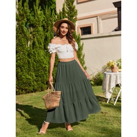 Zeagoo Skirt Women Elegant Maxi Skirt Summer Plain Swing Long Skirt Casual High Waist A-Line Skirts with Pockets Army Green L