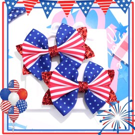 SAWINDA 4th of July Hair Bows Clip for Women 2 PCS Silky Satin Glitter Red White and Blue Hair Bows American Flag Star Patriotic Hair Ribbon Bow Clips 250th Anniversary Hair Accessories