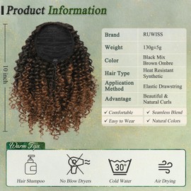 RUWISS Drawstring Ponytail Afro Frizzy Curly Ponytail for Women, 25 cm Synthetic Hairpiece with Clip-in Jerry Curls Afro Puff Ponytail Extensions (Black Mix Brown Ombre)