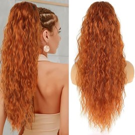 PORSMEER Ginger Red Ponytail Hairpiece Long 75 cm with Drawstring Wavy Curls Ponytail Extension Orange Red Natural Clip-In Hairpiece Hair Braid for Women Afro Braid Hair Extensions (Ginger Red)