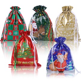 5 Pcs Large Size Foil Gift Bags Christmas Drawstring Wrapping Bags,51*39 cm Large Present Sacks Jumbo Christmas Bag,Reusable Pull String Foil Bags Shimmer Foil Wrap Bags for Gift Xmas Party Decoration