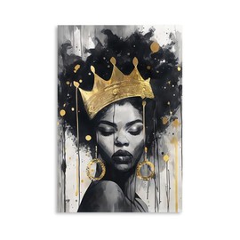 Native African American Wall Art: Inspirational Yellow Black Girl Canvas Wall Art, African American Woman Pictures with Queen Crown for Bedroom, African Ethno Motive Framed Ready to Hang(16x24inch)