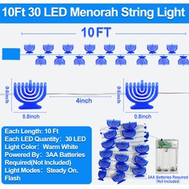 TURNMEON [Timer 10FT 30LED Hanukkah Decorations Hanukkah Lights Menorah String Lights Battery Operated Chanukah Decorations Chanukah LED Lights for Judaism Synagogue Passover Jewish Decoration (Blue)