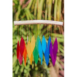 My Family House Glass Wind Chime - Straight Leaves in Rainbow - 100% Fair Trade - Handmade from Recycled Materials