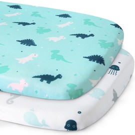 Bassinet Fitted Sheet(33" x 20"), Bassinet Sheets 2 Pack, Compatible with Most Bedside Sleeper Bassinet, Bassinet Sheets with Ultra Soft Microfiber Surface,Dinosaurs & Ocean