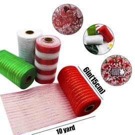 Christmas Mesh Ribbon Decor, 4 Rolls Metallic Foil White Red Green Mesh Rolls for DIY Christmas Project Wreaths Party Decorations Wrapping Craft (Christmas)