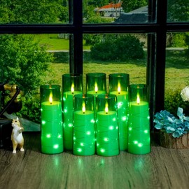Flameless Candles,with Embedded Star String, Battery Operated Candles Flickering LED Pillar Candles with Remote Control and Timer, Home Decoration Add a Warm and Romantic Atmosphere，Set of 7 (Green)
