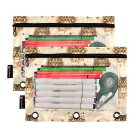 Fustylead Cute Maine Coon Cat Head and Triangle Decor Pencil Bags for 3 Ring Binders, Zipper Pocket Pouch with Clear Window Pencil Case Bags for Home Office 2 Pack