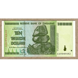 Zimbabwe 10 Trillion Dollar Extremely Low Serial AA00. Note Bill Money Inflation Record Currency Banknote by Zimbabwe Central Bank