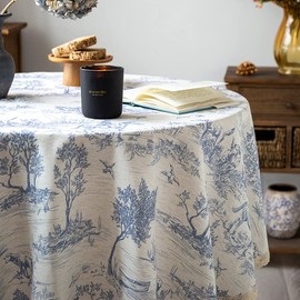 GLORY SEASON Rustic Tablecloth Classic French Village Printed Linen Fabric Table Cover Farmhouse Decoration 60 Inches Round Blue for Kitchen Dining