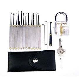 FUNNIN 16 Pcs Practice Lock Pick Padlock Picking Tools Kit Training Set with Transparent Practice Padlock