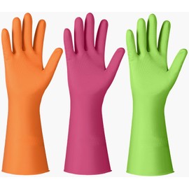 AinuScinsYoe Reusable Cleaning Rubber Gloves - Non-Slip, Waterproof 3 Pairs for Kitchen, Dishwashing, and Household Tasks (Red, Orange, Green) - Small