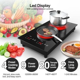 POTFYA Double Electric Cooktop,110V 2100W Electric Stove Top, 9 Power Levels,Kids Lock & Timer, Hot Surface Indicator, Overheat Protection,Built-in Radiant portable electric stove