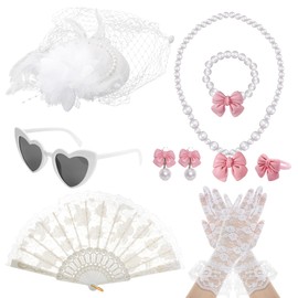 Fumwase 8Pcs White Tea Party Accessories Set Tea Party Gloves Hats Necklace Fan Bracelet Earrings Sunglass Ring (White)