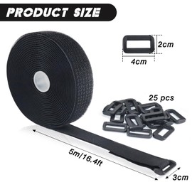 Qcdou Adjustable Cable Straps, 1 Roll 3cm x 5m Cable Ties with 20 Buckles, Hook and Loop Tape, Reusable Cord Organiser, Free Cut Length, Elastic Fastening Straps(A)