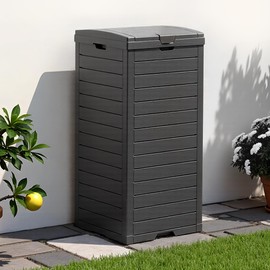 ComeWay 38 Gallon Outdoor Trash Can Waterproof Resin Garbage Can with Tiered Lid & Drip Tray Indoor and Outdoor Use Trash Bin for Patio Kitchen, Backyard & Deck, Black