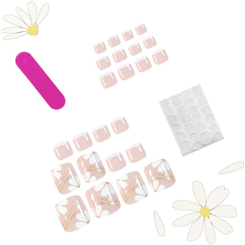 White Flower Press on Toenails Spring Summer Fake Toe Nails