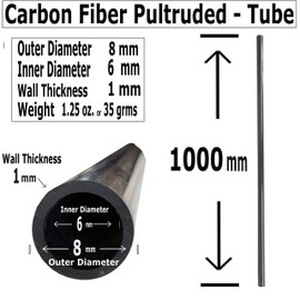 KARBXON – Carbon Fiber Tube - 8mm X 6mm x 1000mm – Pultruded Round Hollow Carbon Fiber rods Black Matte Finish - Pure Carbon Fibre Hollow Tube shafts - for RC Planes-Drones, Boat DIY Craft Projects