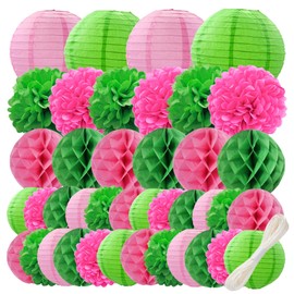 WOLHOWLTD Pink and Green Paper Decoration Set - 40Pcs Paper Lanterns, Pompoms, Honeycomb for Witch and Princes,School Day,Bridal Shower,Classroom,Home Decoration